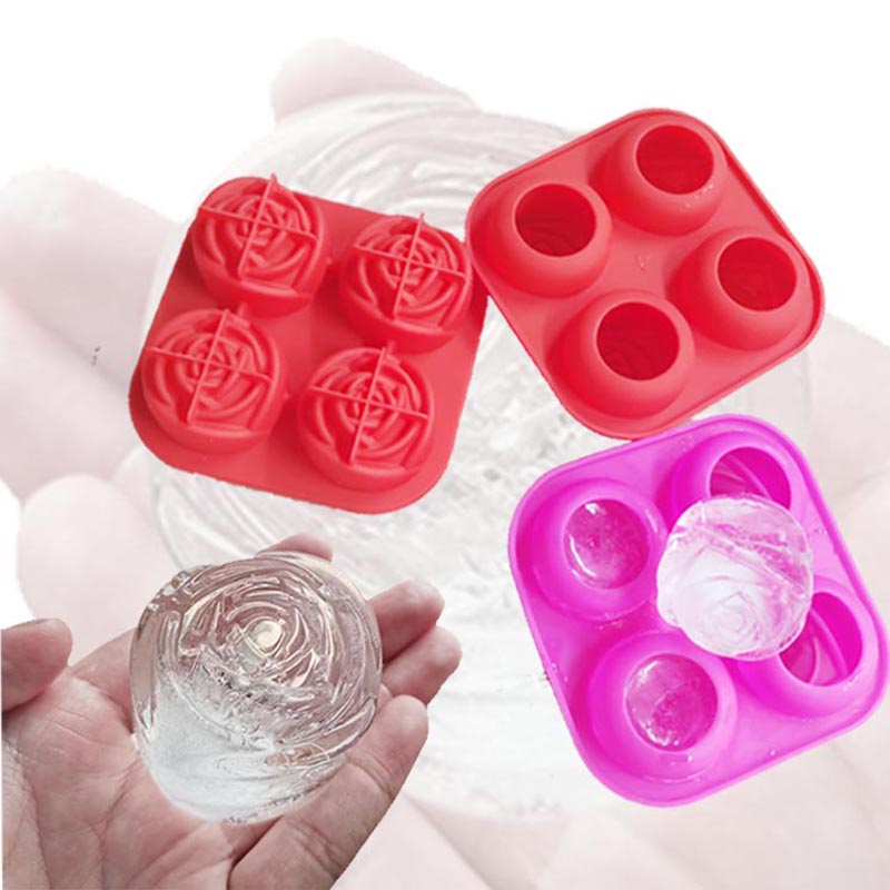 Silicone 3D Rose Ice Moule de gros plateau de glaçons, fabrique 4 glace en forme de fleur mignonne, en caoutchouc en silicone grand fabricant de boule de glace pour cocktail Juice Whisky Bourbon Freenzer, lave-vaisselle en toute sécurité, trois couleurs