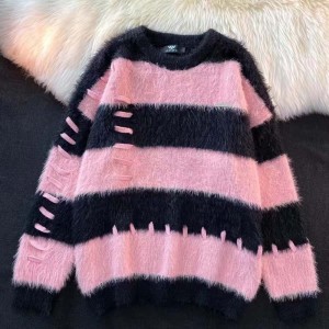 Pull en vison rayé de couleur Loose Bang pour l\'automne et l\'hiver coréen