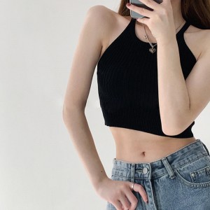 Nouveau été Vintage gilet Halter femmes couleur unie sans manches tricot pull Short Vest pull