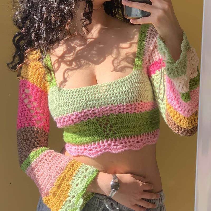 Femmes Crochet Pull en mailles en tricot couche carrée carrée du bloc de couleurs à manches longues Pullor Crop Tops Blouse Tops Backless Eatt T-Up Tees Pull