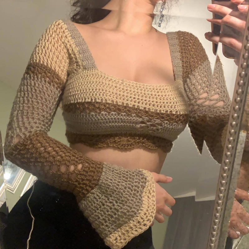 Femmes Crochet Pull en mailles en tricot couche carrée carrée du bloc de couleurs à manches longues Pullor Crop Tops Blouse Tops Backless Eatt T-Up Tees Pull