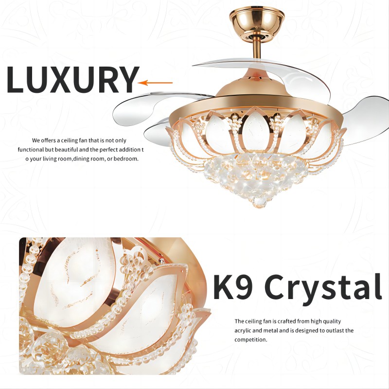 Ventilateur de plafond de lustre K003 avec lumière avec télécommande 42 pouces 3 couleur avec haut-parleur ventilateur en cristal lustre