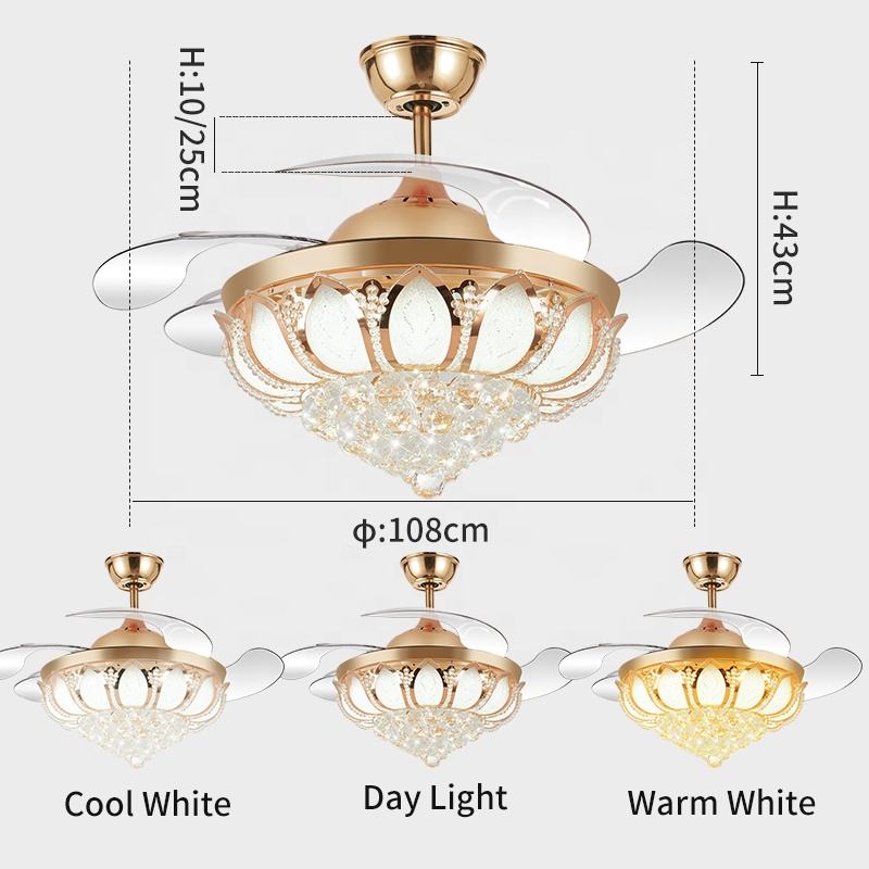 Ventilateur de plafond de lustre K003 avec lumière avec télécommande 42 pouces 3 couleur avec haut-parleur ventilateur en cristal lustre