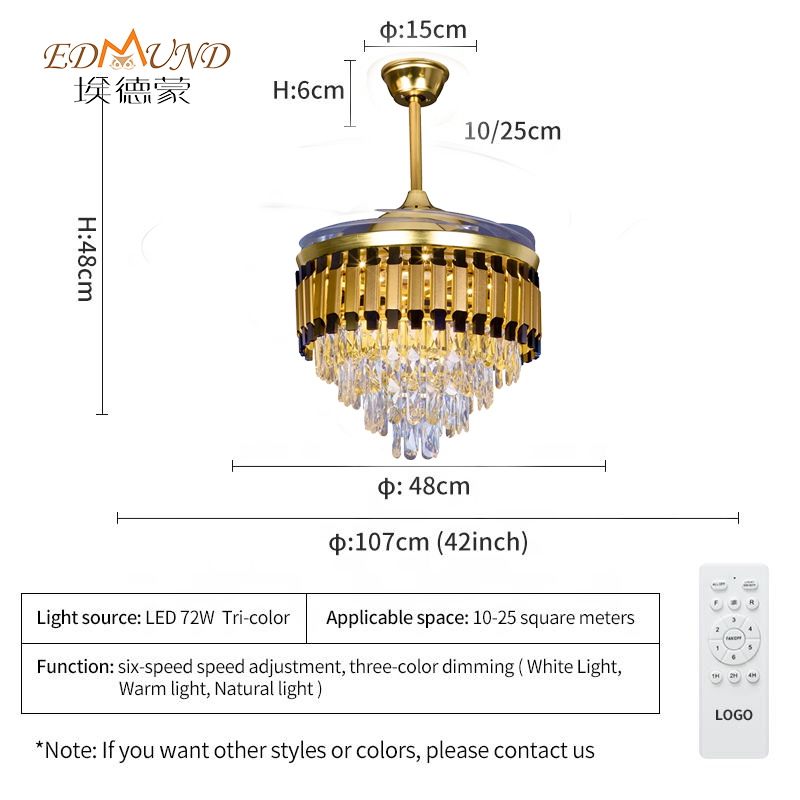 Ventilateur de plafond de lustre K011 avec lumière avec télécommande 42 pouces 3 couleur avec haut-parleur ventilateur en cristal lustre