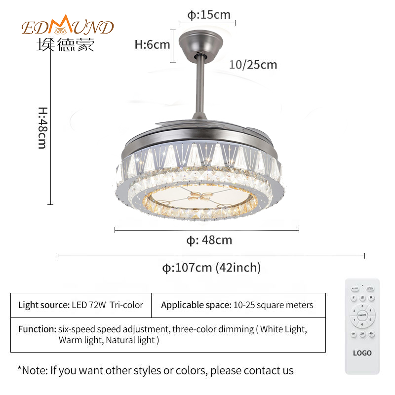 Ventilateur de plafond de lustre K015 avec lumière avec télécommande 42 pouces 3 couleur avec haut-parleur ventilateur en cristal lustre