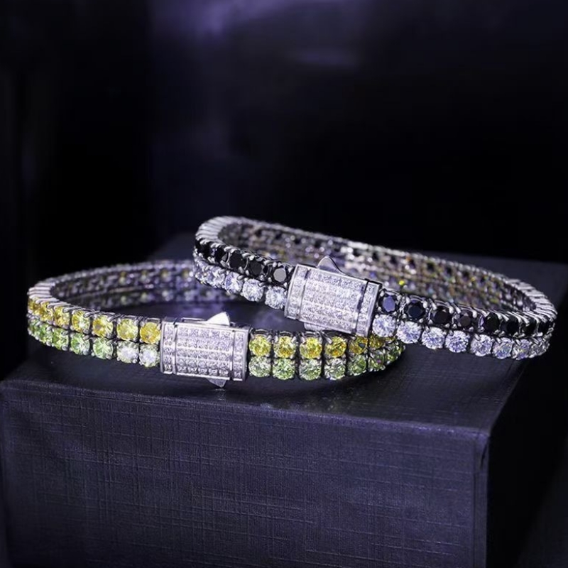 Bracelet de tennis en diamant à double carbone en acier inoxydable à double rangée