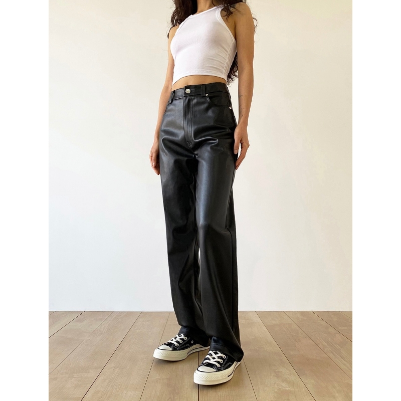 All-Match rétro pu en cuir haut taille sac lâche hanche mince pantalon en cuir droit pantalon large pantalon de jambe