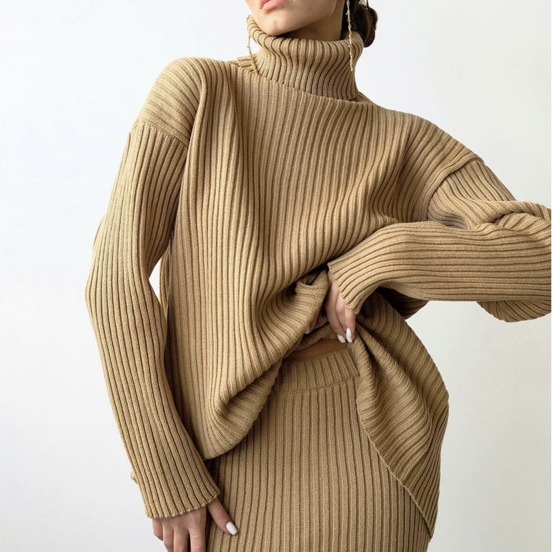 Hiver Nouvelle mode Custom Women's Warm Coltlelover Pullor Knited Midi Jirt 2 pièces SUPPLICATION DES FEMMES \\ SULATER