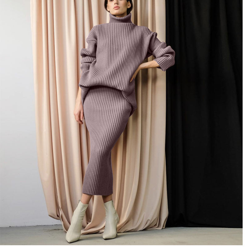 Hiver Nouvelle mode Custom Women's Warm Coltlelover Pullor Knited Midi Jirt 2 pièces SUPPLICATION DES FEMMES \\ SULATER