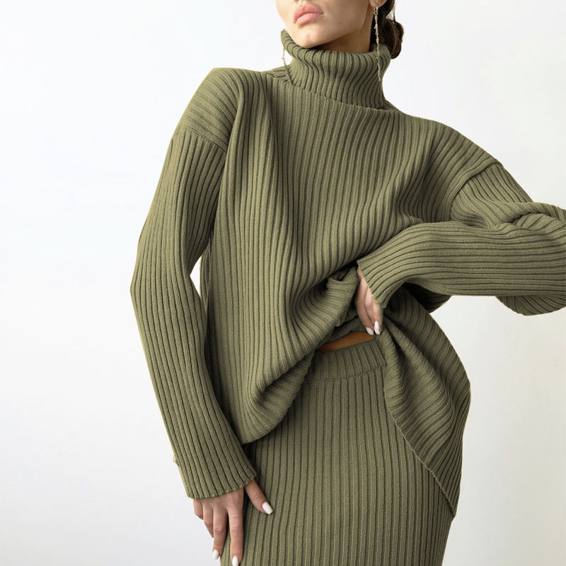 Hiver Nouvelle mode Custom Women's Warm Coltlelover Pullor Knited Midi Jirt 2 pièces SUPPLICATION DES FEMMES \\ SULATER