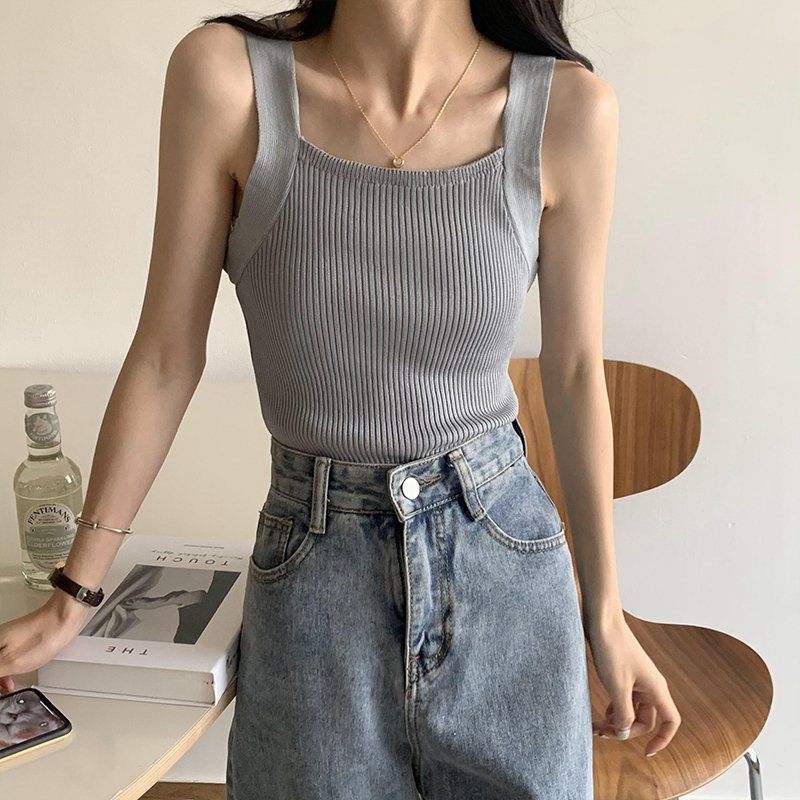 Célébrité en ligne courte carrée camisole femelle sport sweat-absorbent slim sexy tricoté pull