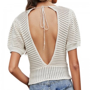 Été Nouveau manche à bulles Pulllaon top à style court creux en V sexy backless vands pulls pour femmes