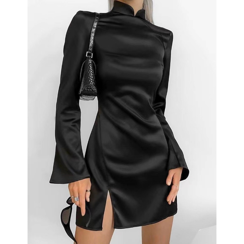 Nouveau collier de stand collier mince à manches longues ouvrir la robe courte
