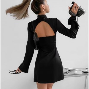 Nouveau collier de stand collier mince à manches longues ouvrir la robe courte