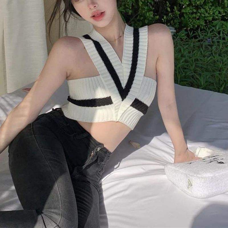 2023 Été Sexy Sexe rayée Cross sans manches en tricot en V