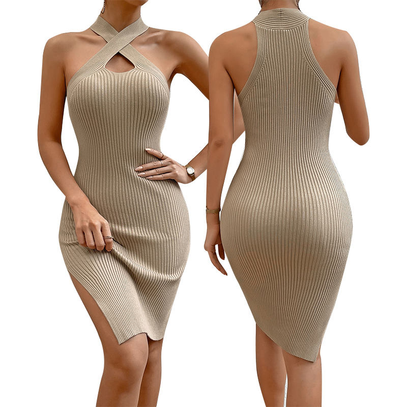 Summer Custom Femmes Robe en tricot Sexy Neck Design Femmes Couleurs solides robes de glissement de jupe en tricot de jupe en tricot