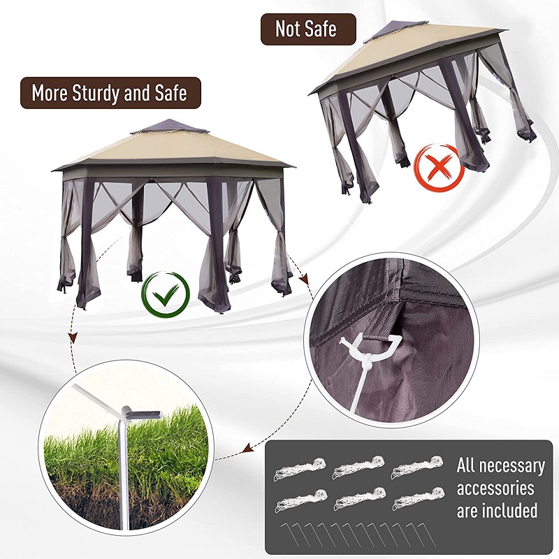 13 \\ 'x 13 \\' Pop-up Gazebo Hexagonal Cauvre avec 6 filet à mailles à glissière, tente d'événement de toit à 2niveaux avec cadre en acier fort