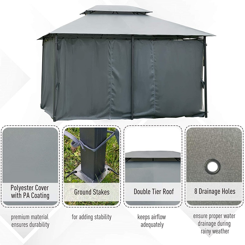 10 \\ 'x 13 \\' Gazebo à cadre en acier à 2niveaux pour patio Gazébo à hautniveau pergola extérieure avec rideaux, gris de sauge