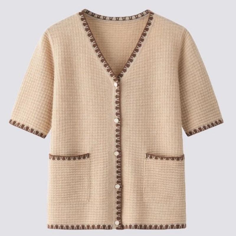 Fashion Summer Trecit Cardigan Top V Neck ShortSleeve Sweater