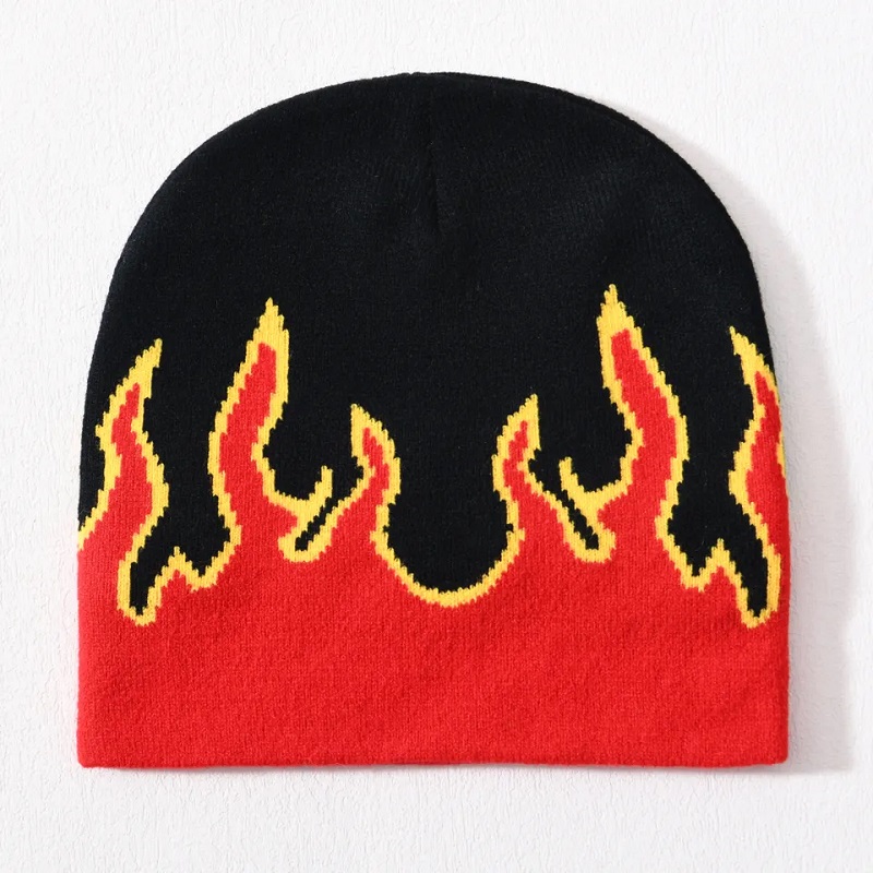 Skul en gros Ski Ski acrylique Chapeau tricoté Hip Hop Cufflé partout sur imprimé Conception personnalisée Logo Unisexe Hiver Jacquard Flame Beanie