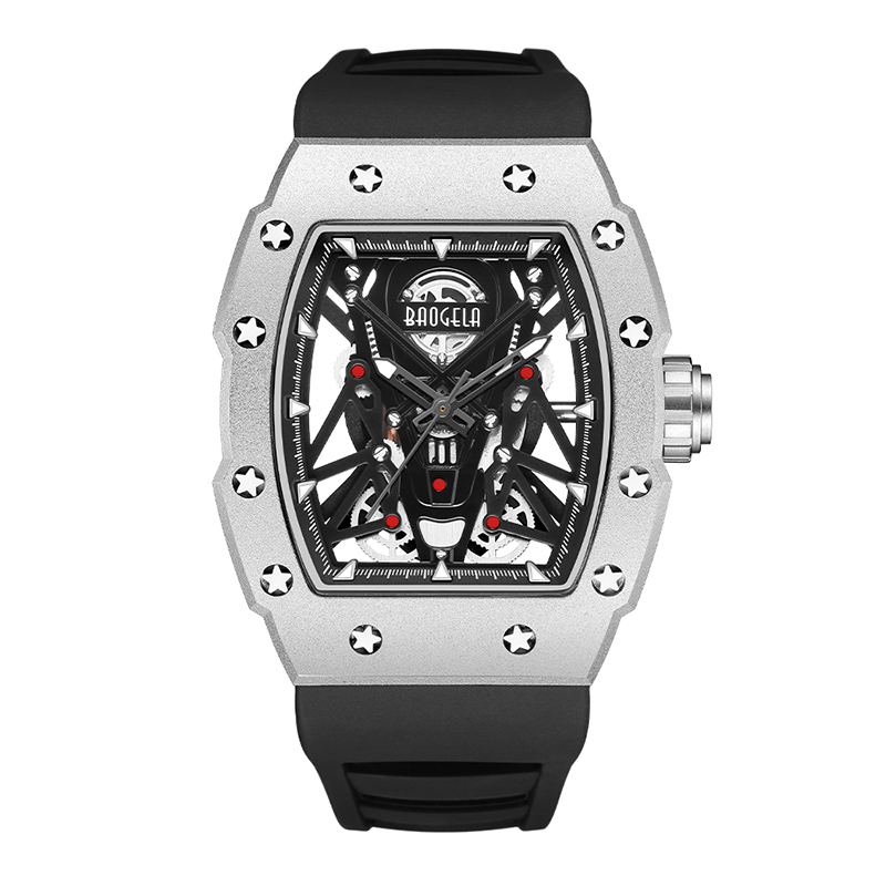 Baogela Silver Black Sport Quartz Watch for Men Tonneau Dial analogique étanche-bracelet Affiche avec bracelet en silicone Hands 4145