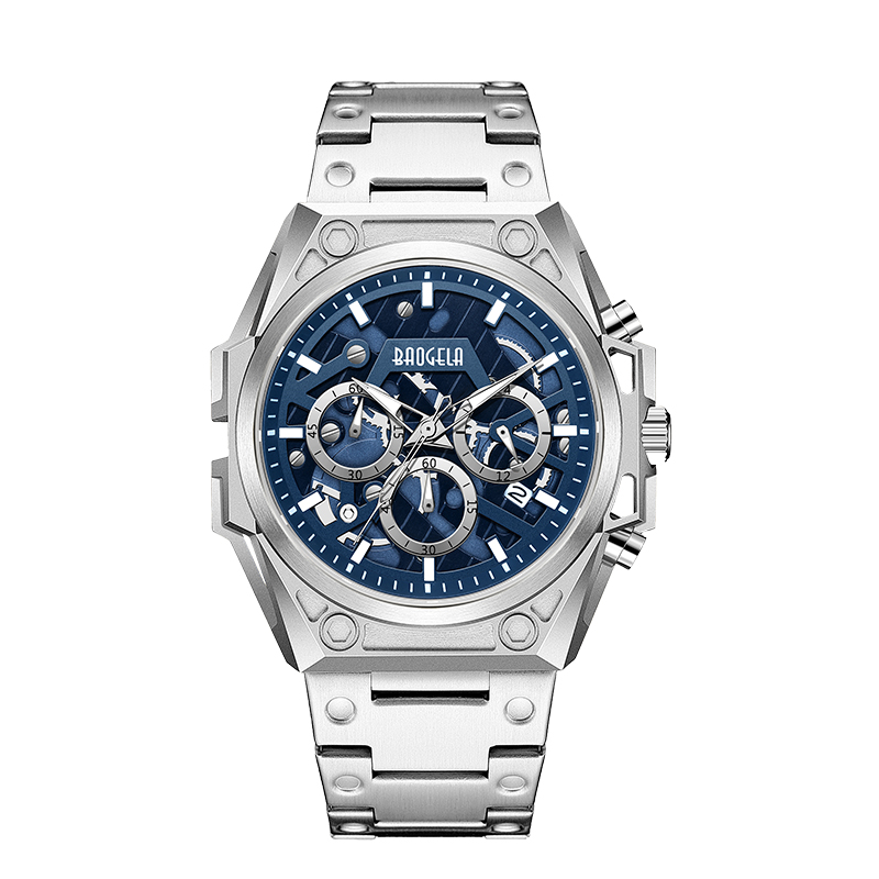 Baogela montre des hommes en acier inoxydable Marque de luxe Military Military Wristwatch en cuir Chronograph Quartz Watch 22605