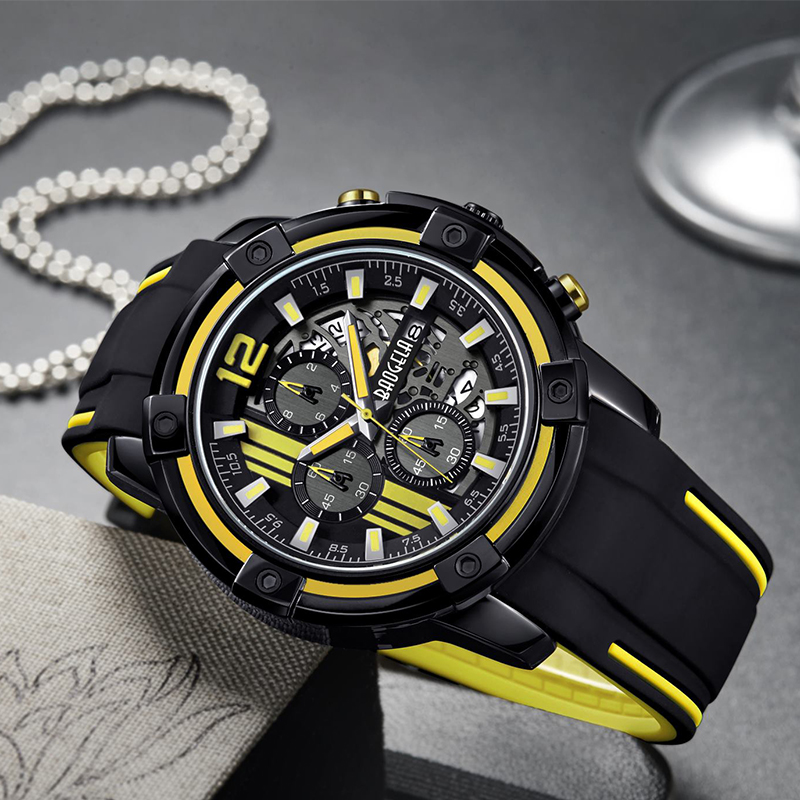 Baogel Men \\'s Black Silicone Strap Quartz Quartz Watches Chronograph Sports Quatre