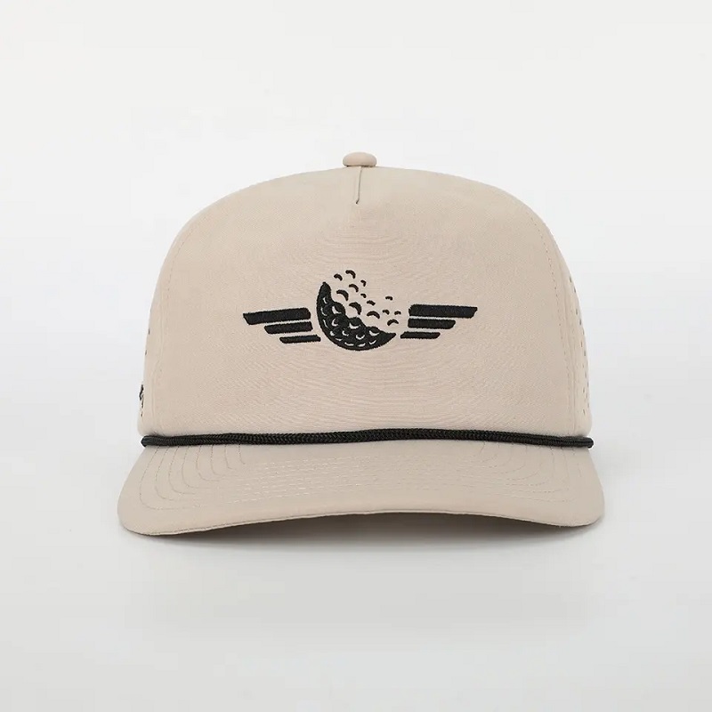Logo de broderie personnalisé en gros 5 panneau papa chapeau de haute qualité Golf Golf Gorras, Laser Cut Hole Sport Corde Black Baseball Cap