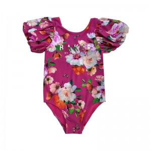 Lettre d\'impression florale à manches bouffantes de maillot de bain pour enfants