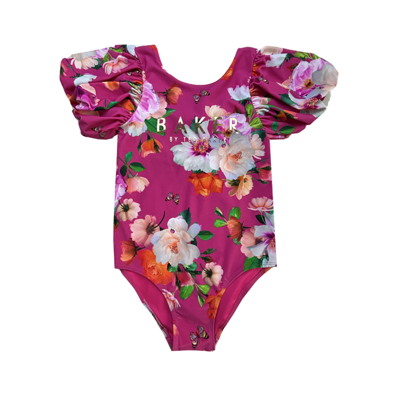 Lettre d'impression florale à manches bouffantes de maillot de bain pour enfants