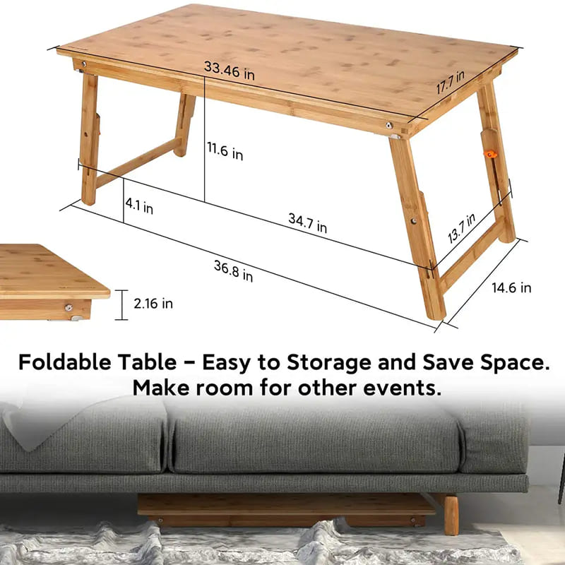 Table de bout en bambou Chargeur de bureau de planche de grande taille pour petit-déjeuner plateau de service avec des jambes pliantes table basse basse réglable