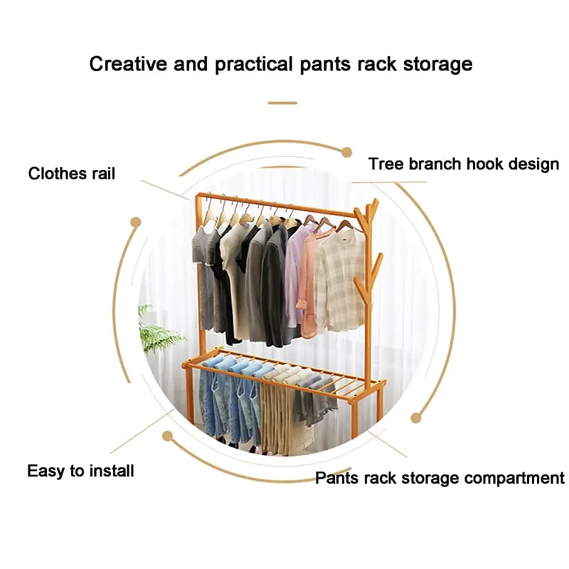 Rack de rangement à deux couches de tige de traction de rouleau de service lourd Vêtements de type de tige suspendus Bamboo Bamboo