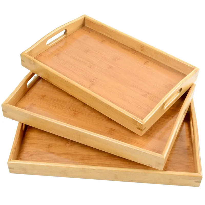 Plateau de service à 3 pièces plateau de cuisine avec palette de bambou manche (1)