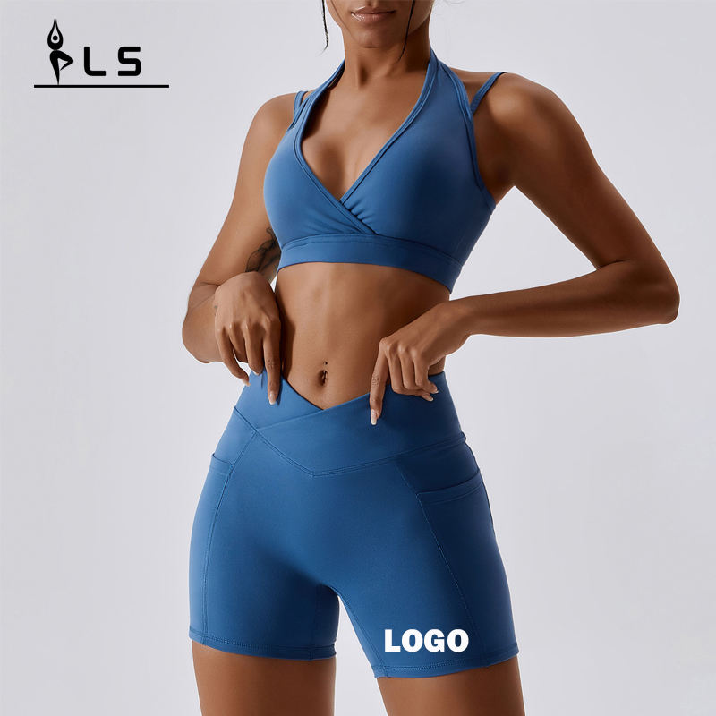 SC9283 Wholesale Fitness Yoga Active Wear Set Women Gym Solid Sport Bra and Shorts Yoga Shorts