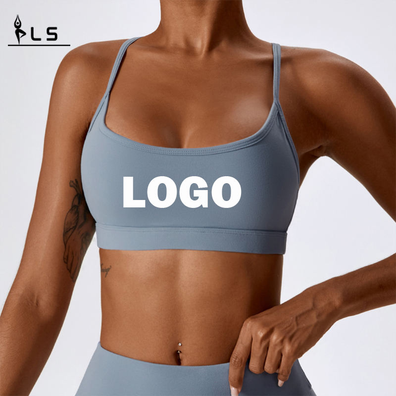 SC10164 Cross Back Yoga Sports Bra High Impact Pladed Logo Women Workout Sports Bra Crop