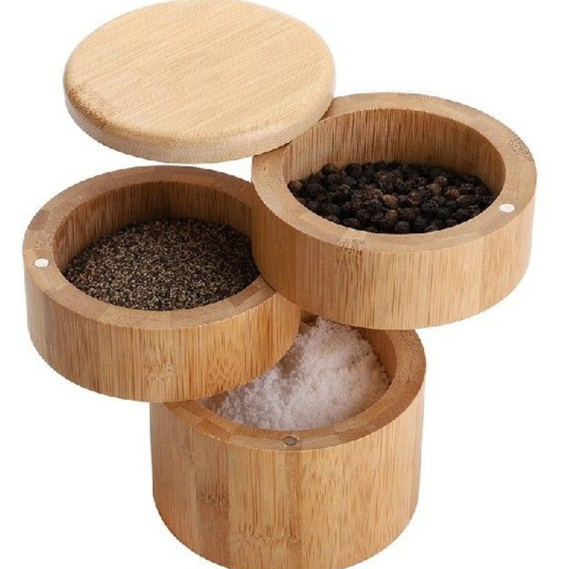 Boîte à sel en bambou 3niveaux, boîte à épices en bambou avec magnétique