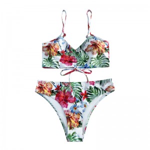 Bow plissé de style ethnique imprimé maillot de bain deux pièces