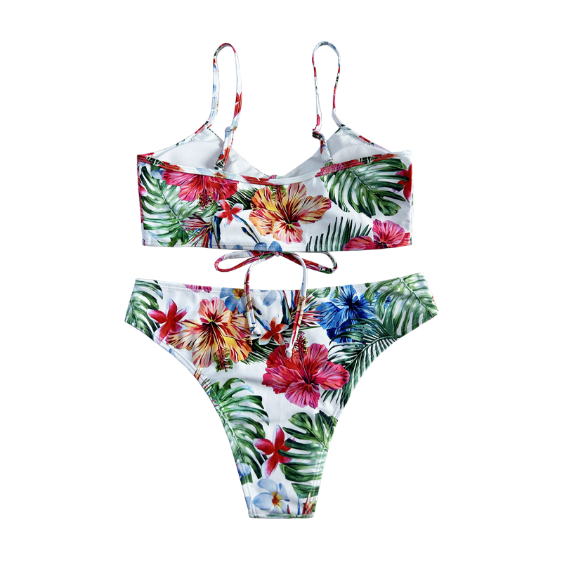 Bow plissé de style ethnique imprimé maillot de bain deux pièces