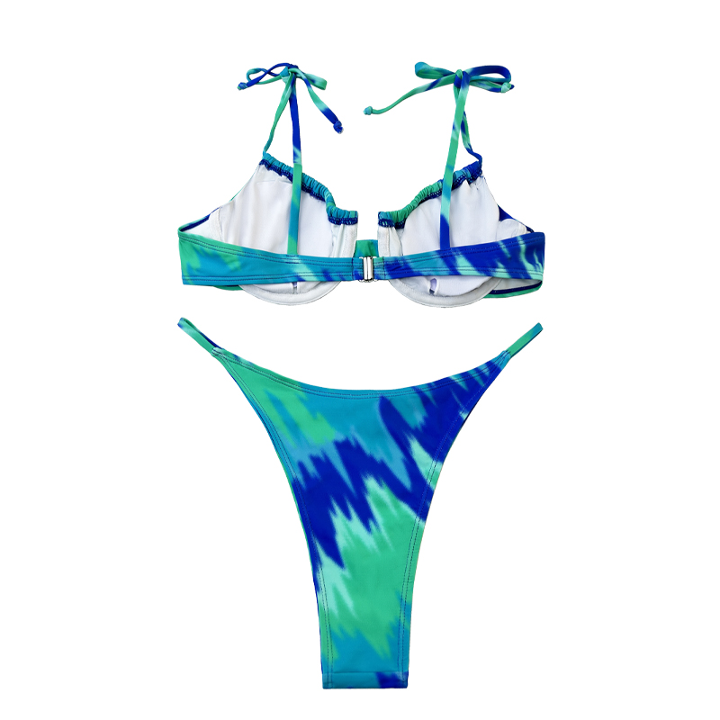 Lacet Up Halter Round Cup mignon Turquoise Print Split Swimsuit