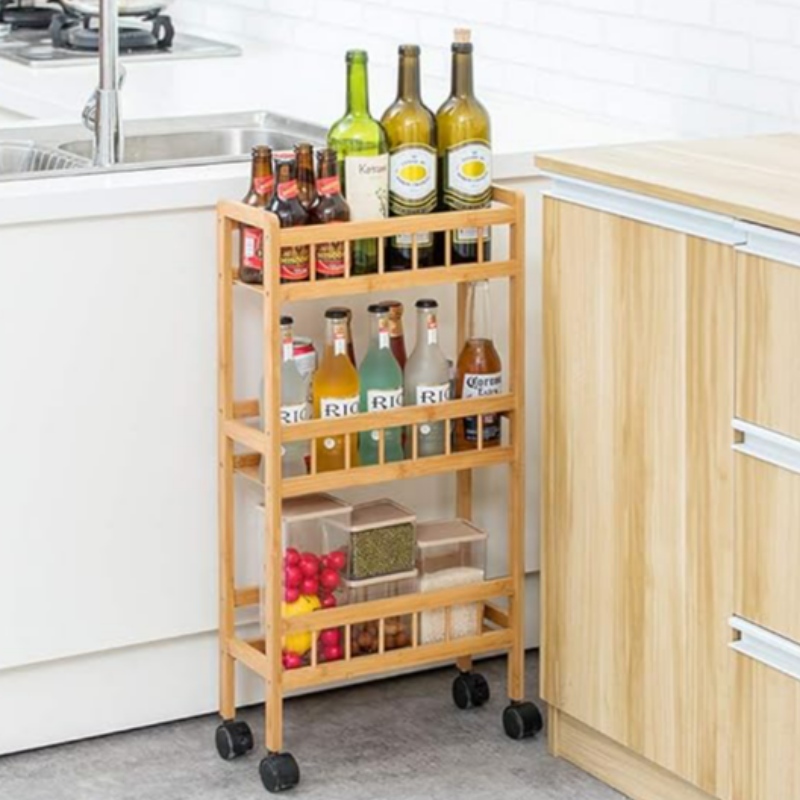Bambou 3-Chariot de rangement de cuisine à plusieursniveaux, étagère de garde-manger coulissante mince, support organisateur