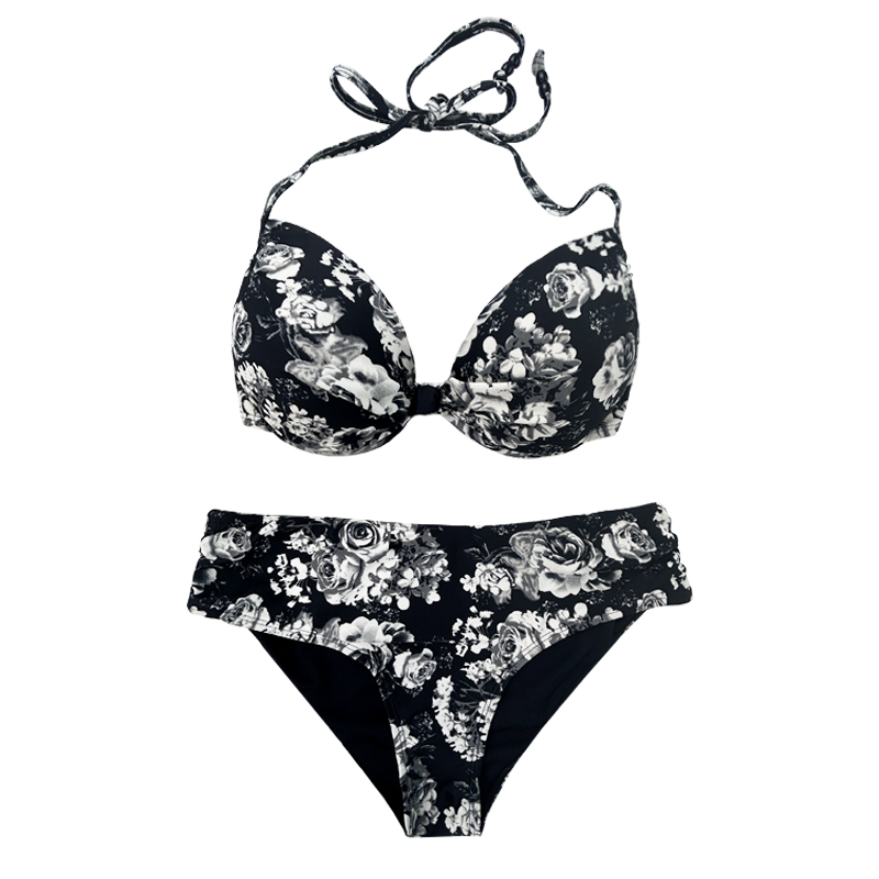 Sangle licou floral impriménoir et blanc en maillot de bain en deux pièces à taille haute