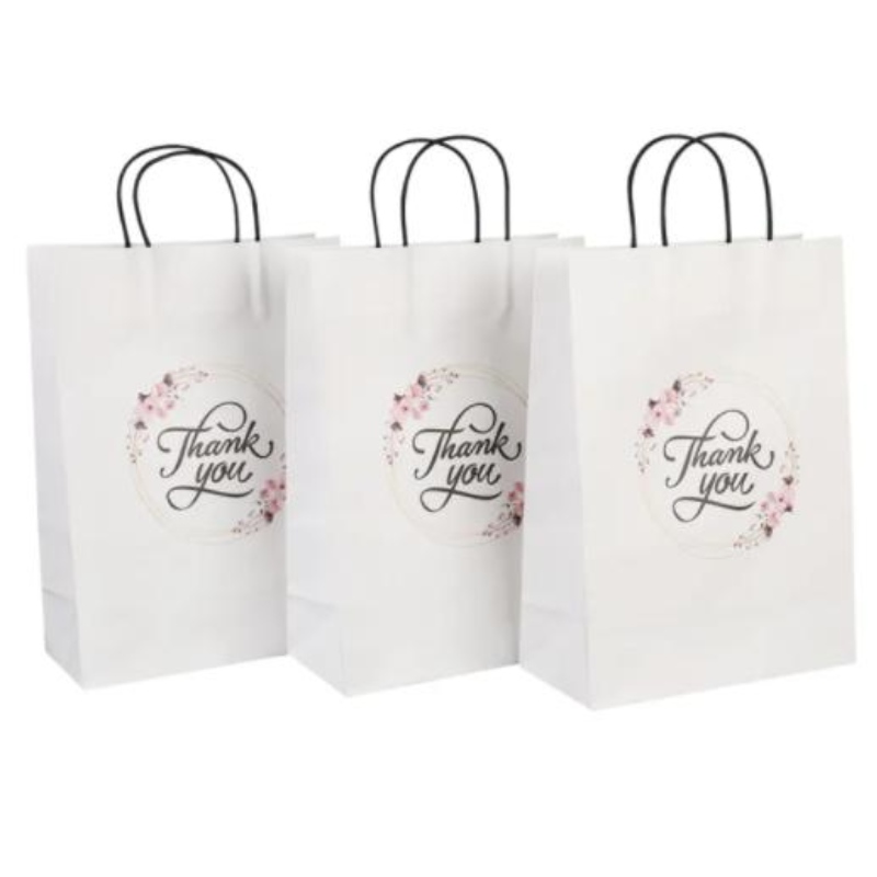 Sac en gros de taille personnalisée Logo fantaisie merci white kraft en papier kraft day mariage sac-cadeau personnalisé avec poignée