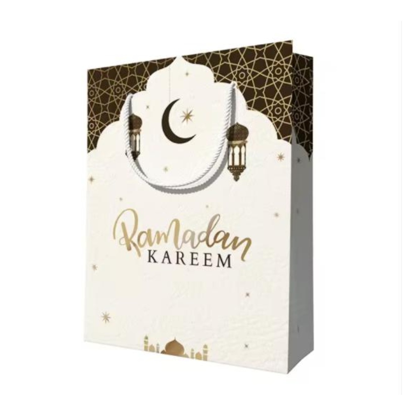 Design personnalisé réutilisable Eid Mubarak Ramanda Musline Islamic Festival Shopping Paper Paper Sacs avec des poignées avec des poignées