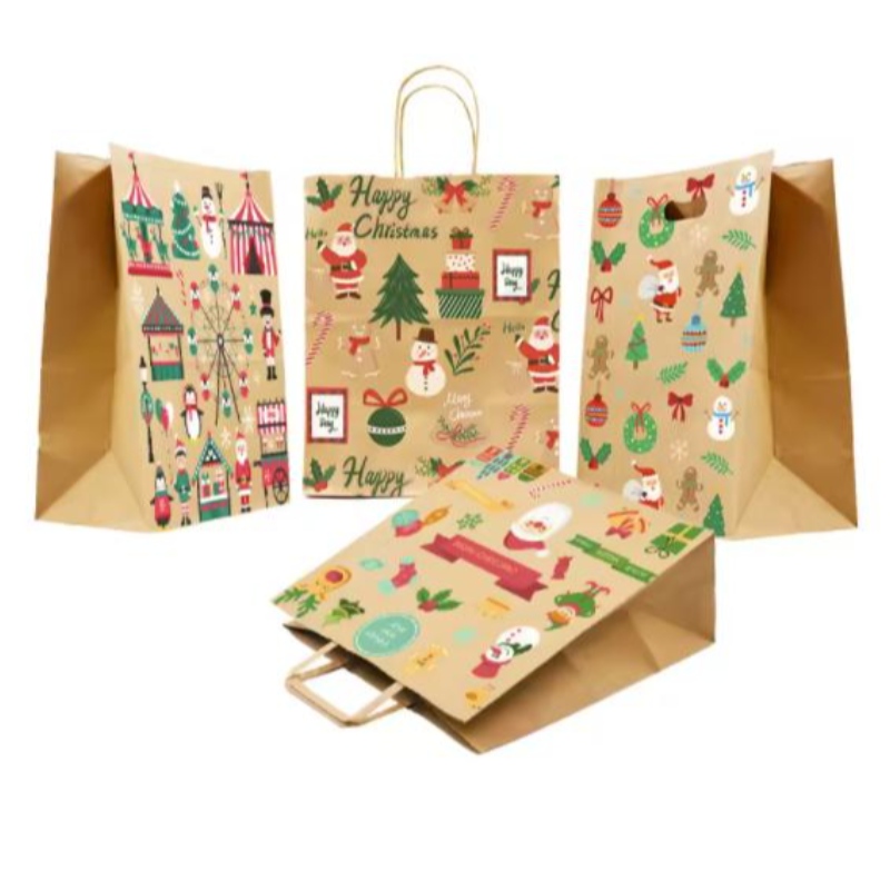 Sacs en papier de Noël marron avec des poignées torsadées sacs-cadeaux festifs personnalisés avec propres sacs en papier en gros de badge