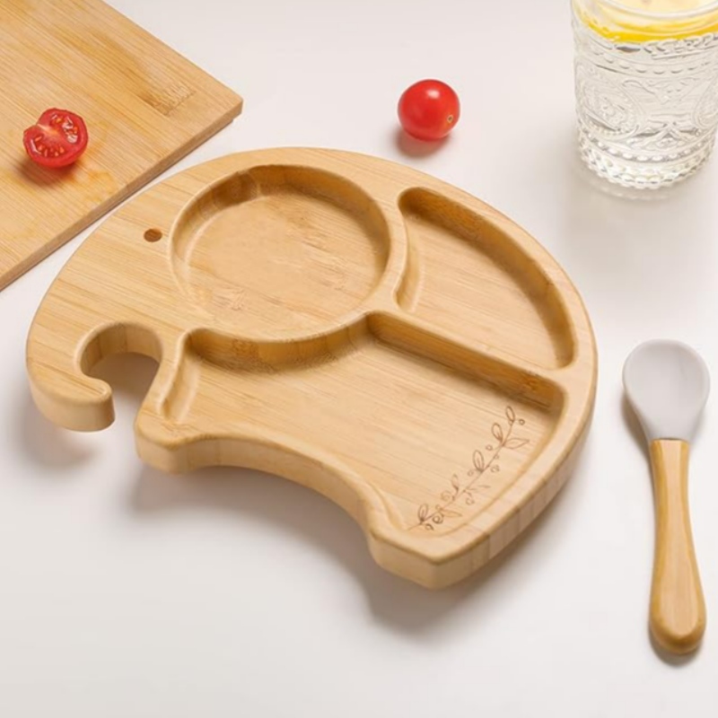 Bol et cuillère à assiette d'éléphant en bambou pour bébé pour enfants enfants, assiette d'aspiration