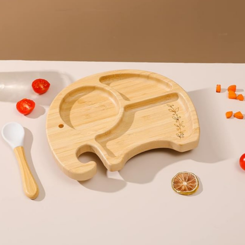 Bol et cuillère à assiette d'éléphant en bambou pour bébé pour enfants enfants, assiette d'aspiration