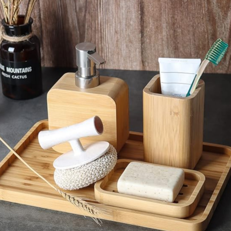 Lavabo bambou fait à la main&ensembles d'accessoires de salle de bain set rétro,naturel, porte-plat de savon pour douche, distributeur de savon de lotion, tasse de rince-bouche, tasse de rinçage, plateau d'organisateur pour hôtel, maison, bureau