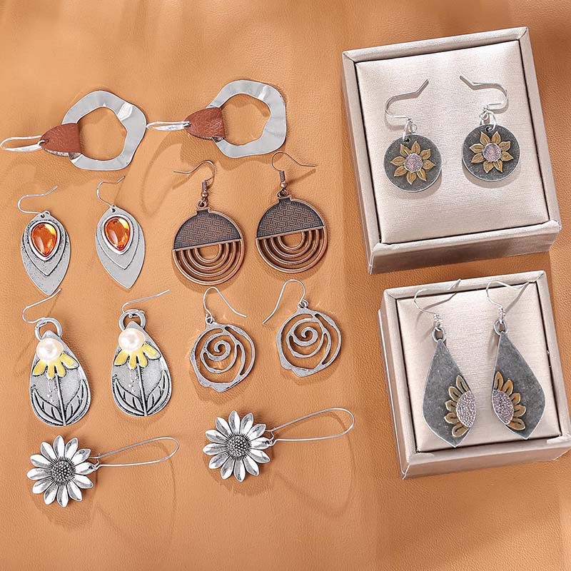 Hongde Boucles d'oreilles rondes géométriques bohèmes vintage en bois et cuir de style ethnique vintage tournesol boucles d'oreilles de Noël pour femme
