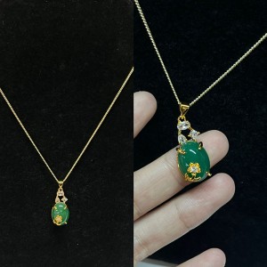 Collier de pendentif ovale de jade vert opulent avec accents de zircon blanc, or-Plate-forme, femmes élégantes\\bijoux