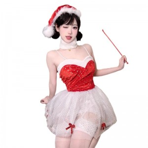 Nouveau costume de Noël pour des performances sur scène. Une forme rouge - Ensemble d\'uniformes de robe en dentelle adapté à la fois pour Noël et le Nouvel An108 Prix:$89,99